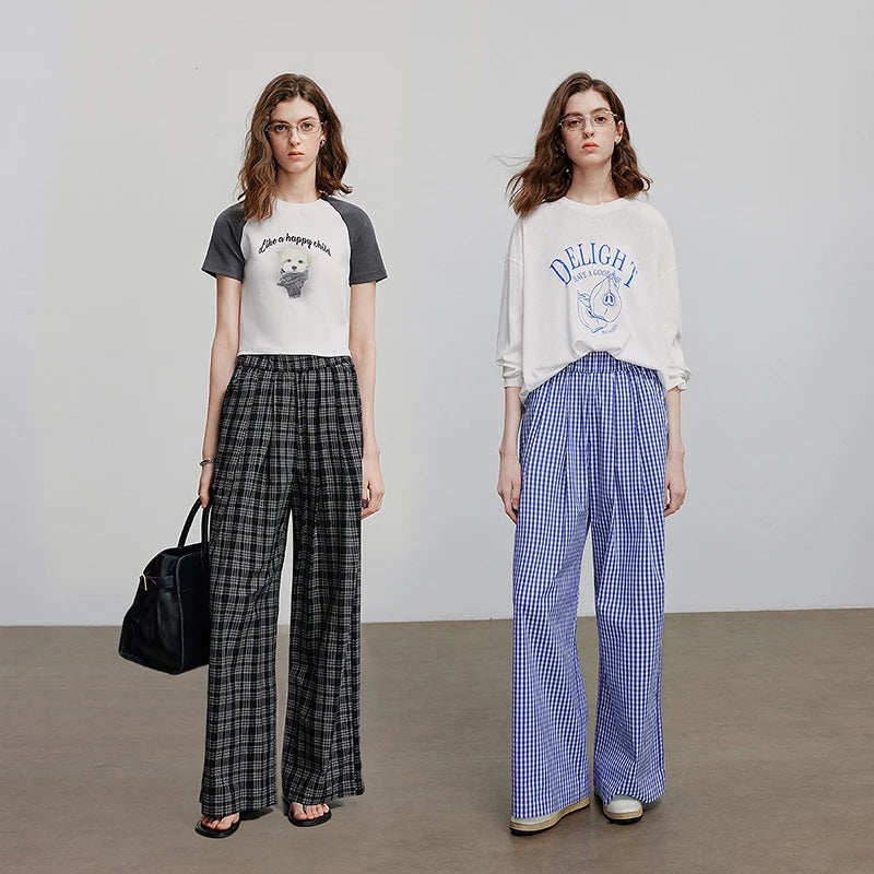 Calça Wide Leg Feminina Xadrez com Cós Elástico