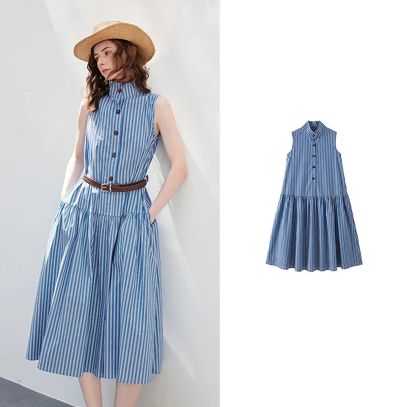 Vestido Midi Listrado Sem Manga