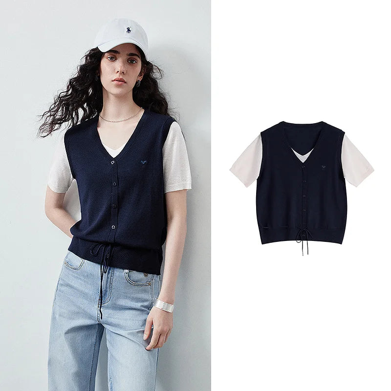 Blusa Feminina de Tricô com Decote V e Efeito Duas Peças