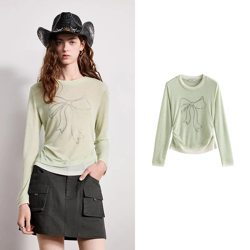 Blusa Feminina de Lã Efeito Duas Peças com Laço e Strass