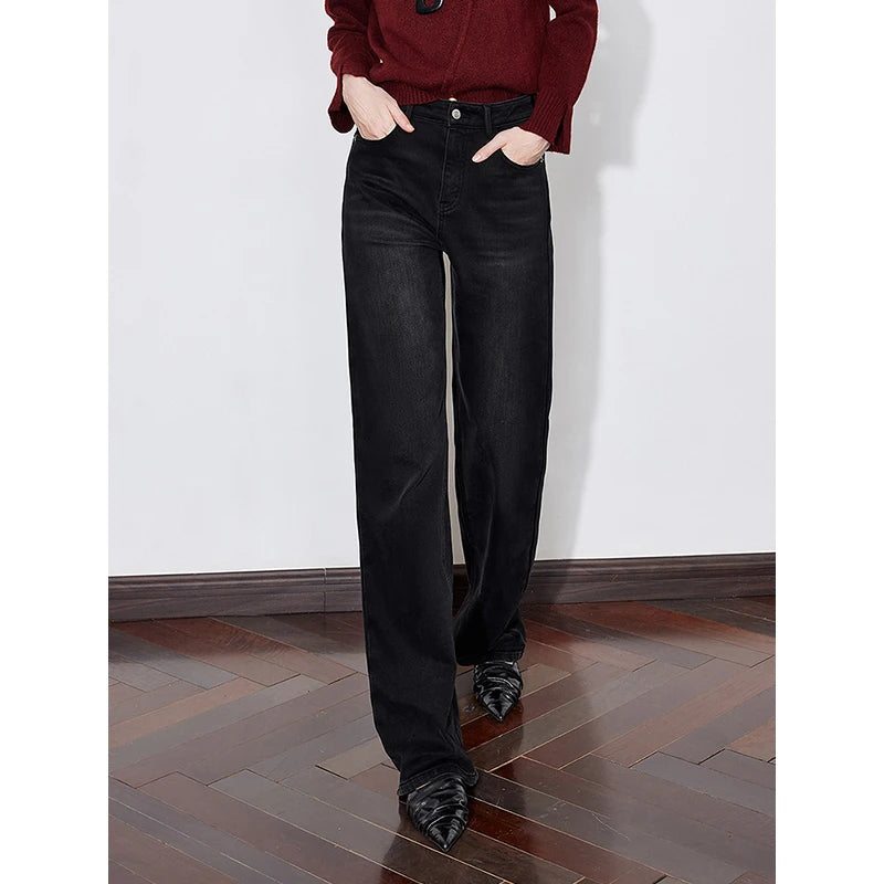 Calça Jeans Feminina Wide Leg Forrada com Elastano
