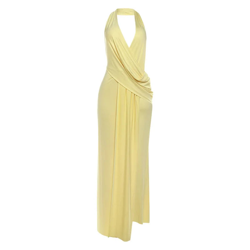 Vestido Longo Feminino Frente Única com Drapeado e Fenda Yellow