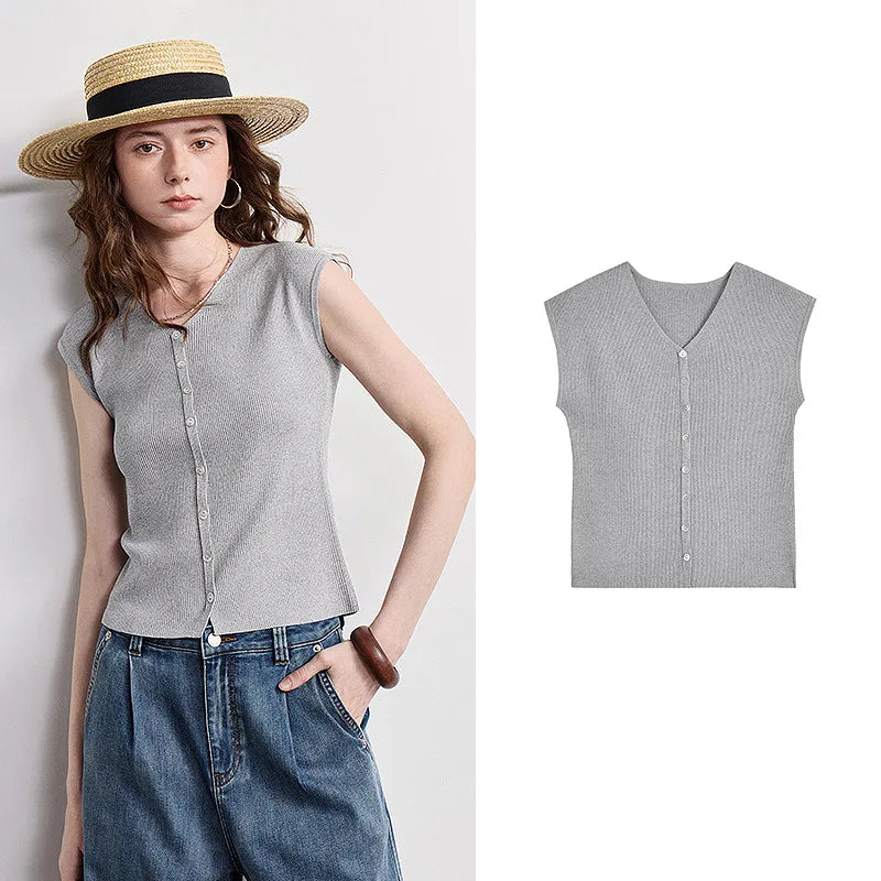 Blusa Feminina Ice Silk Slim com Decote V e Botões