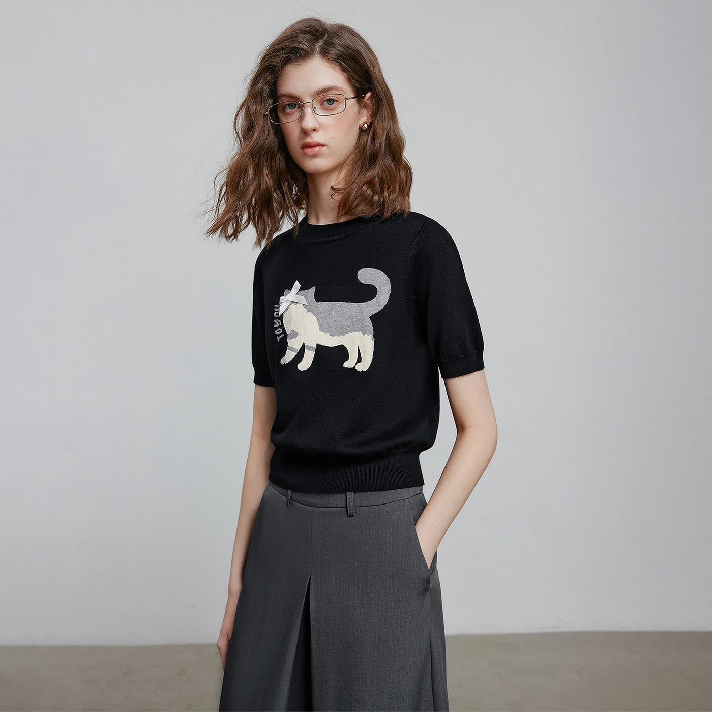 Blusa Feminina de Tricô Jacquard Gato com Laço