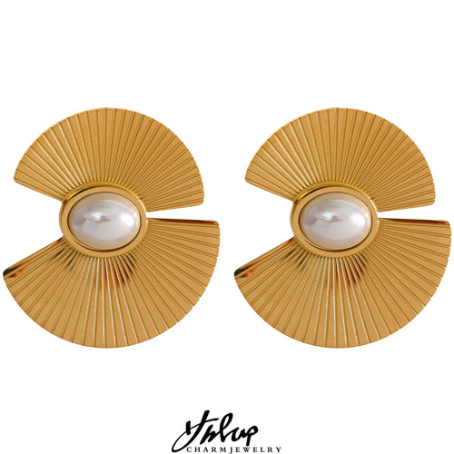 Yhpup Charm Fan Imitation Pearl Flowers Stainless Steel Hyperbolic Fashion Big Stud Earrings Trendy Personality Jewelry Women