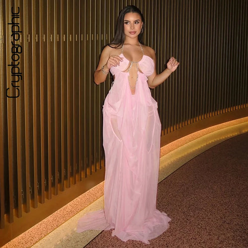 Vestido Longo Feminino de Chiffon com Recortes e Decote V
