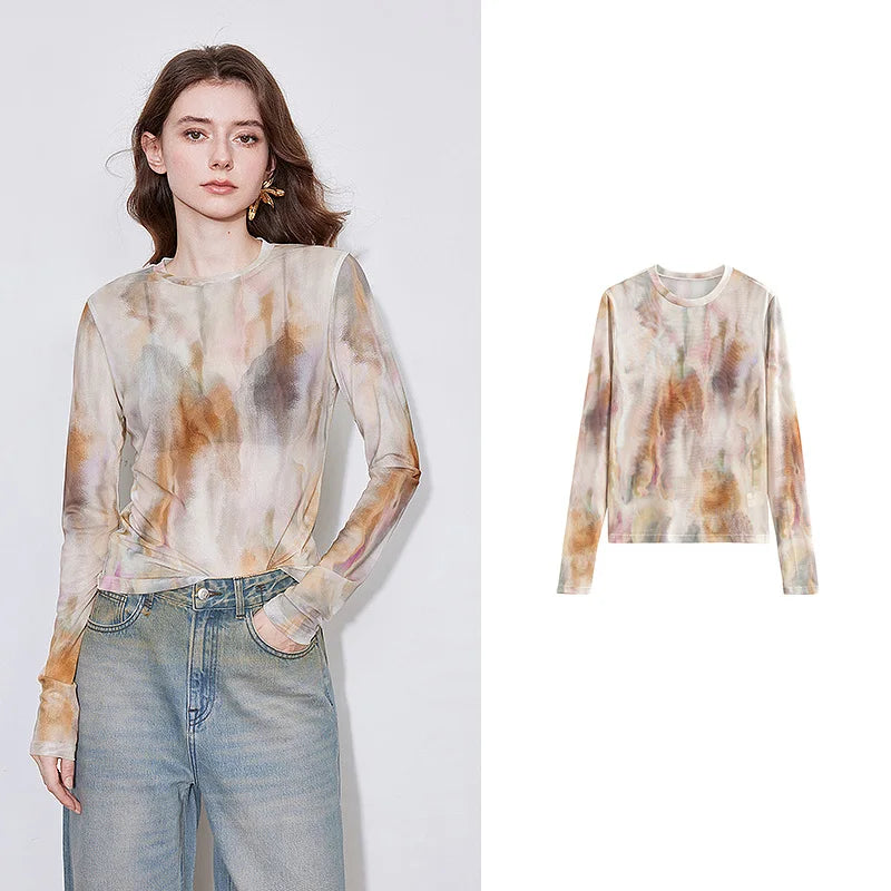 Blusa Feminina de Tule Manga Longa com Patchwork Jeans