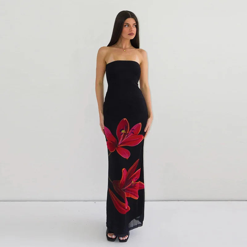 Vestido Longo Feminino Floral Ombro a Ombro com Amarração black L