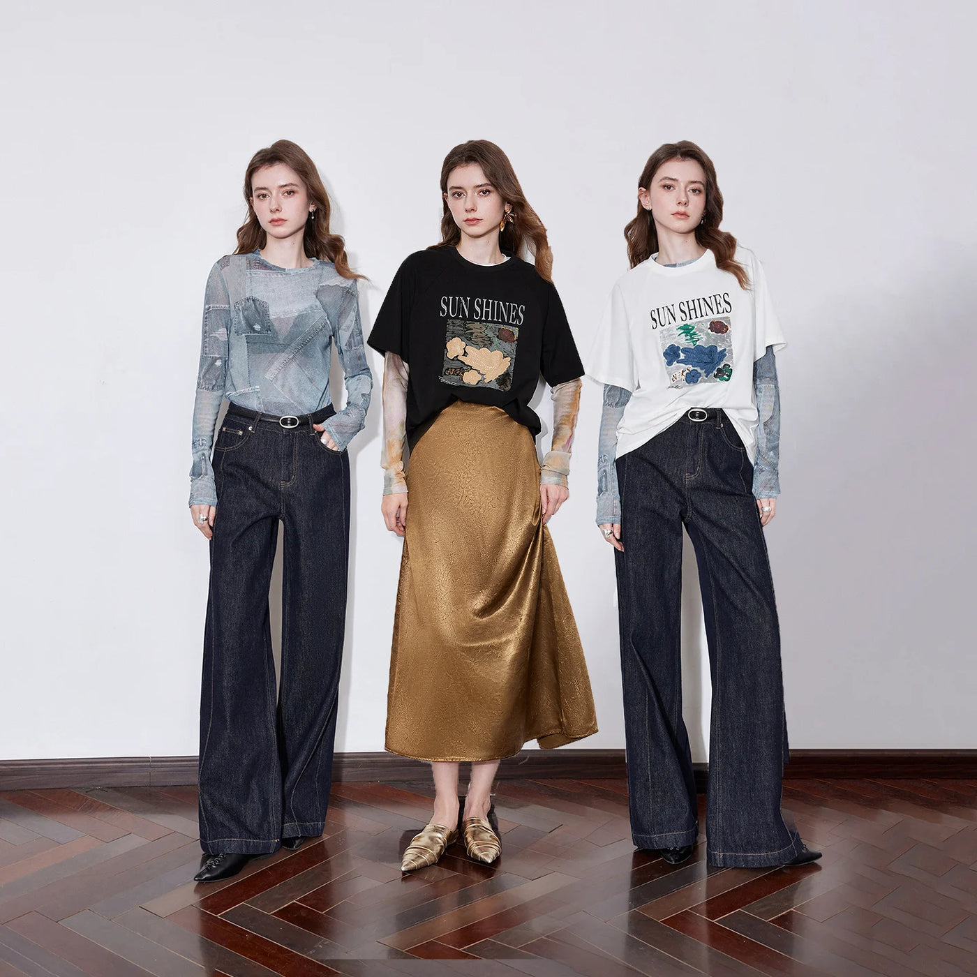 Blusa Feminina de Tule Manga Longa com Patchwork Jeans