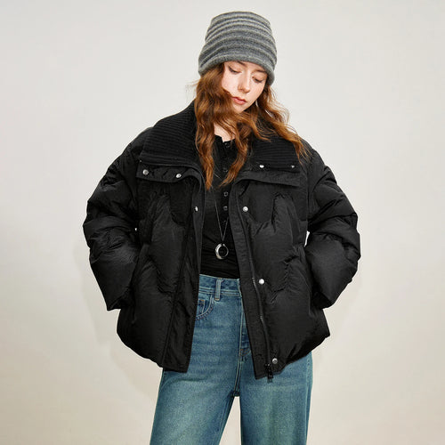 Jaqueta Puffer Feminina Curta 90% Plumas com Gola de Tricô