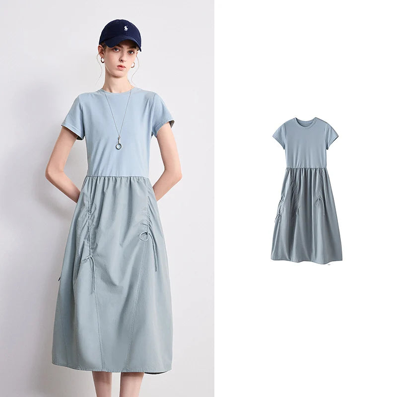 Vestido Midi de Liocel e Algodão com Recortes Navy Bule