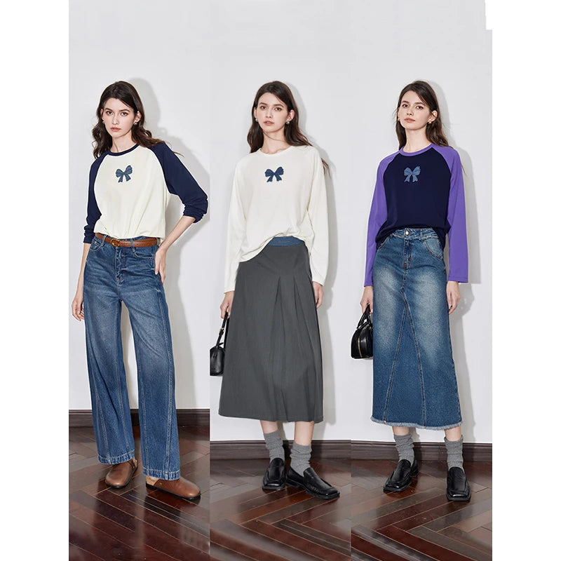 Blusa Feminina Raglan Color Block com Laço em Jeans