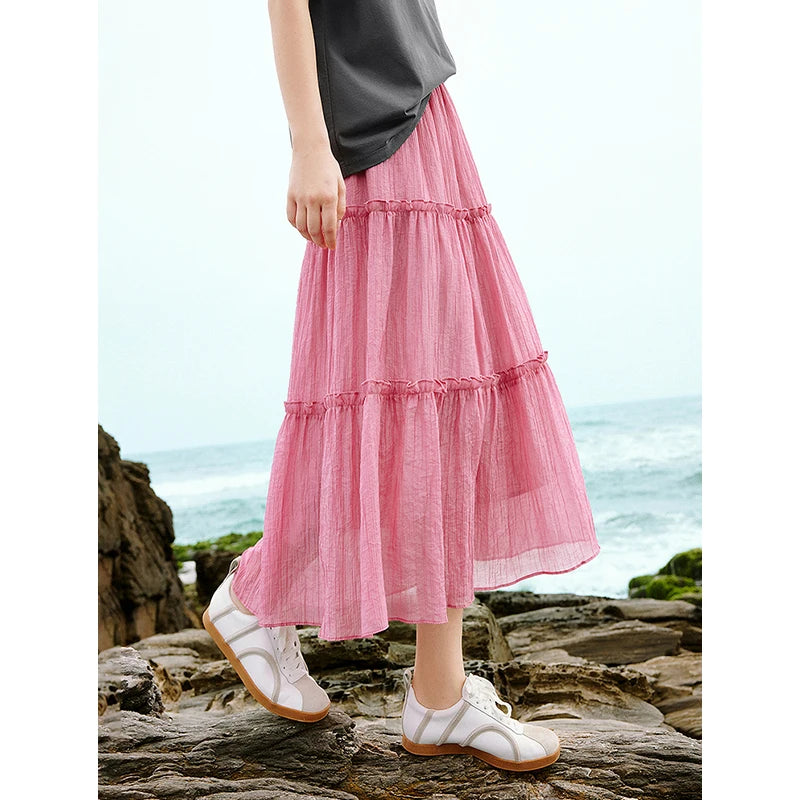 Saia Midi Feminina com Renda em Camadas