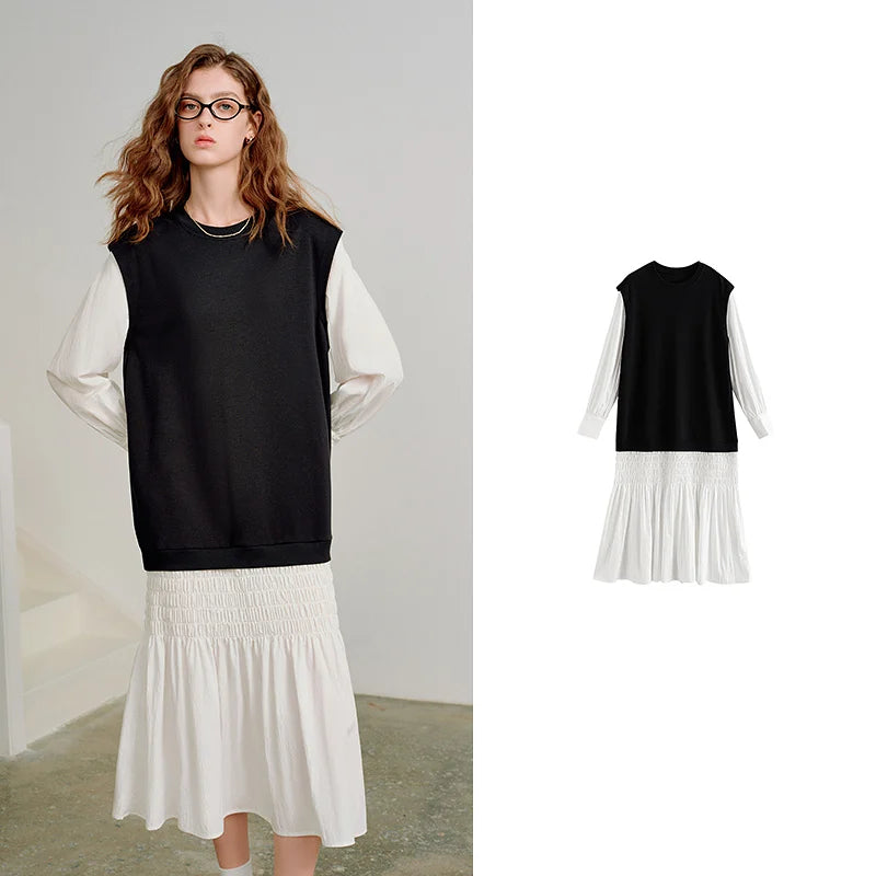 Vestido Midi Manga Longa com Recortes Preto e Branco