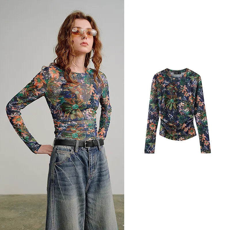 Blusa Feminina de Tule Estampado com Cintura Marcada