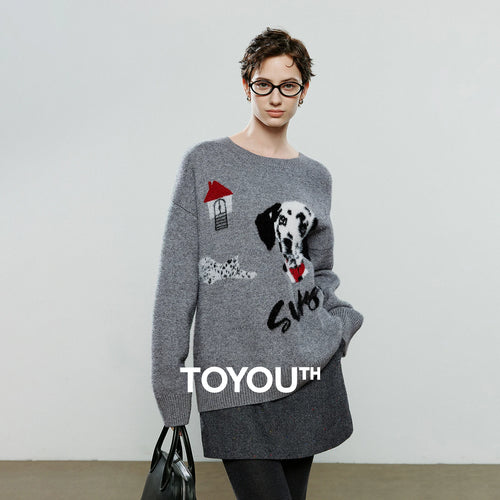 Suéter Feminino com Jacquard de Cachorro e Gola Redonda