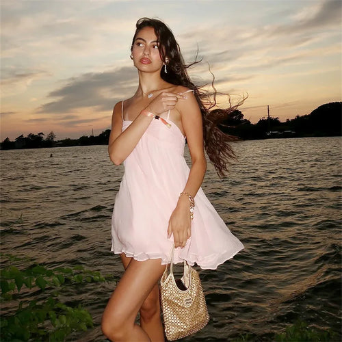Elegant Chiffon Loose Short Dresses Women's Simple Casual Strap Dress Summer Sundresses Pink Black Beach Holiday Vacation New