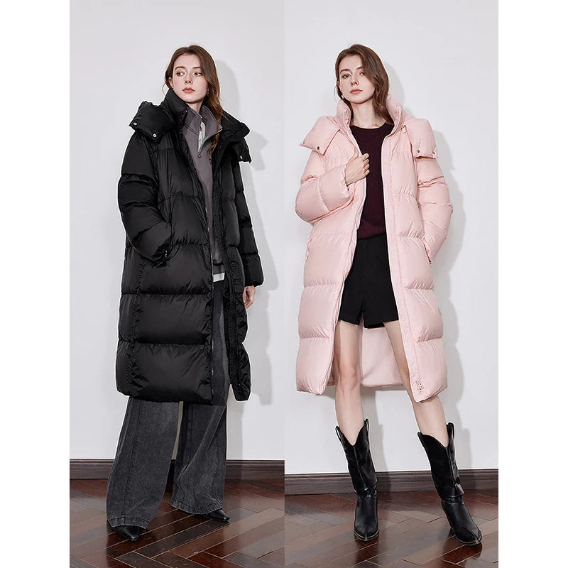 Casaco Puffer Feminino Midi com Capuz 90% Plumas
