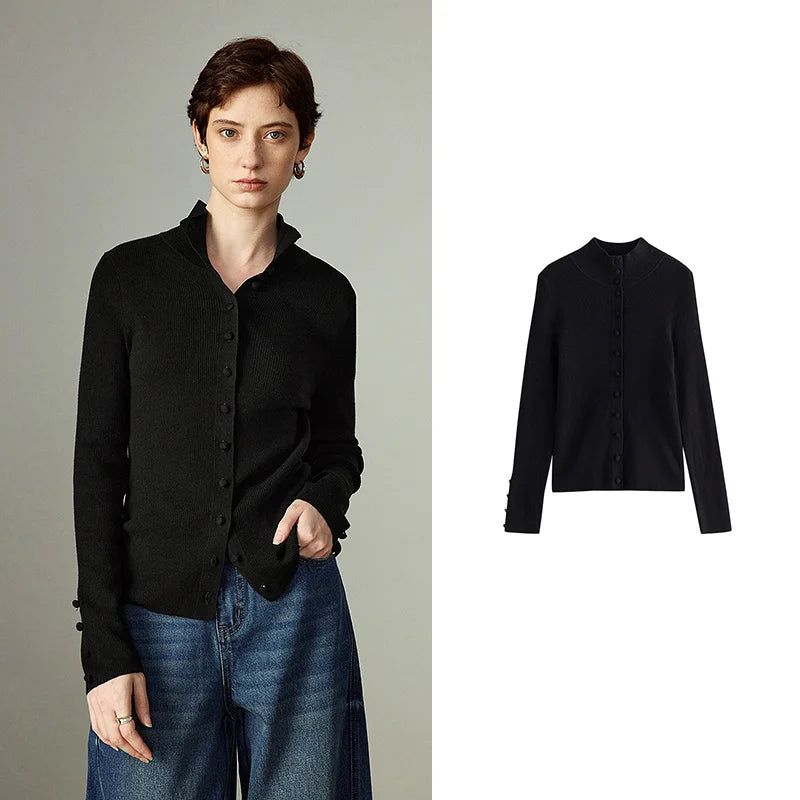 Cardigan Feminino de Lã Assimétrico com Gola Alta