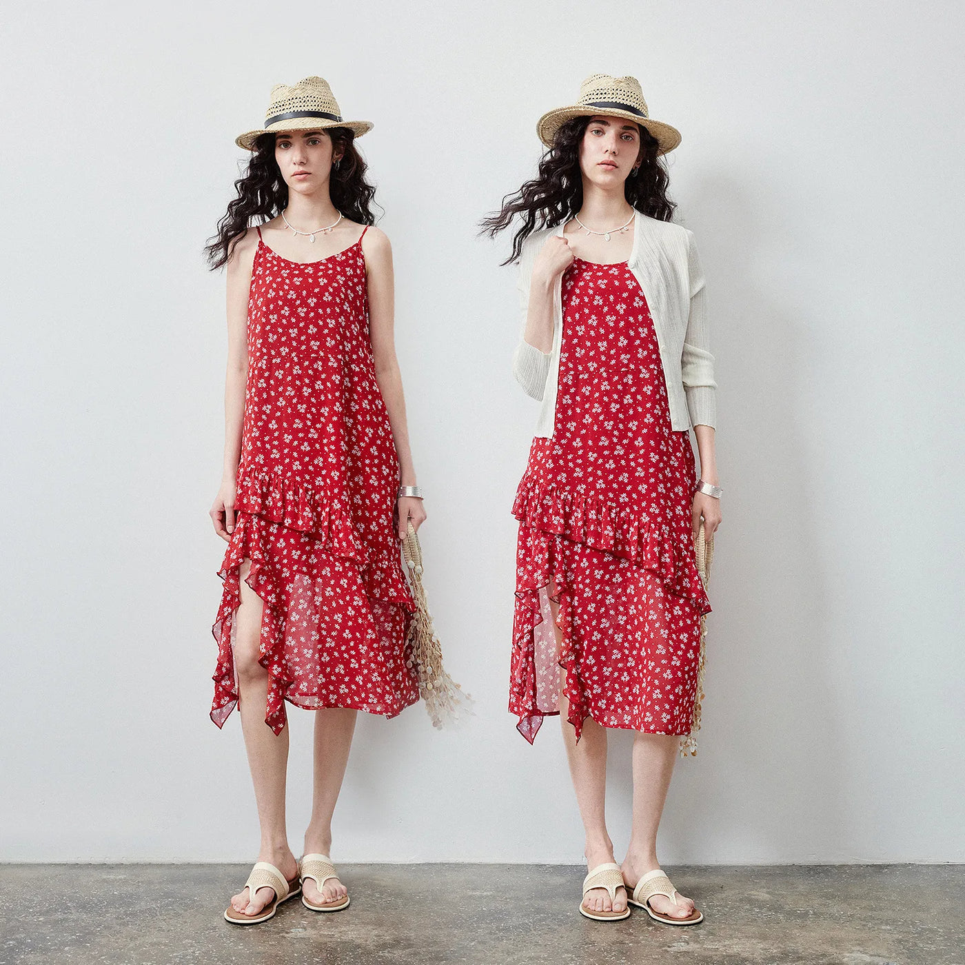 Vestido de Chiffon Floral Vermelho com Fenda e Babado