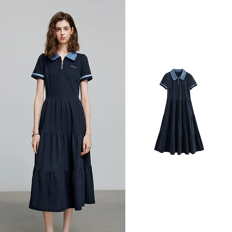 Vestido Chemise Midi com Bordado de Letras Navy Bule