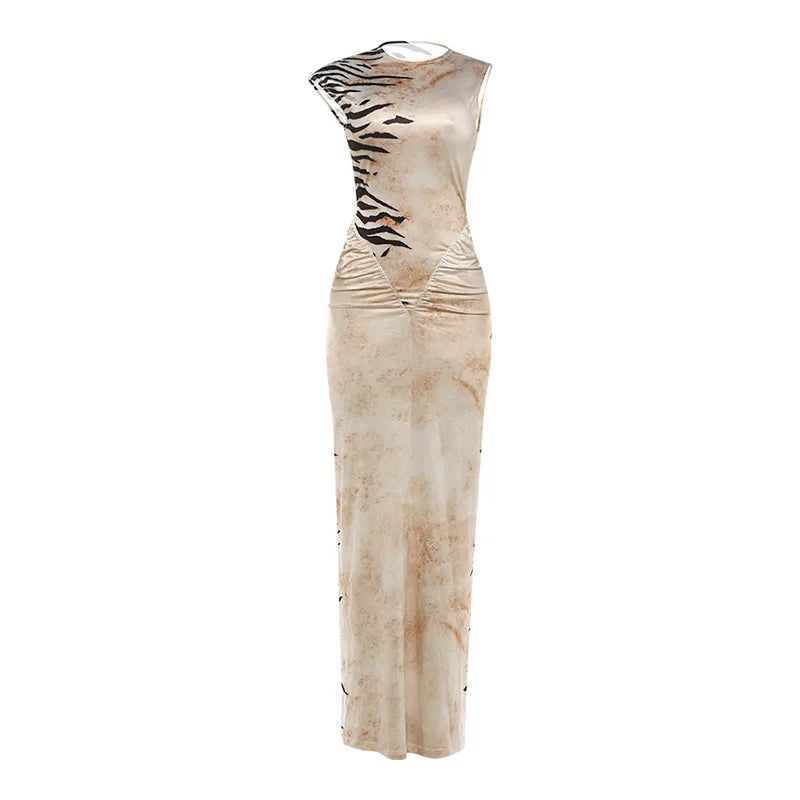 Vestido Longo Feminino Zebra com Cintura Franzida Black