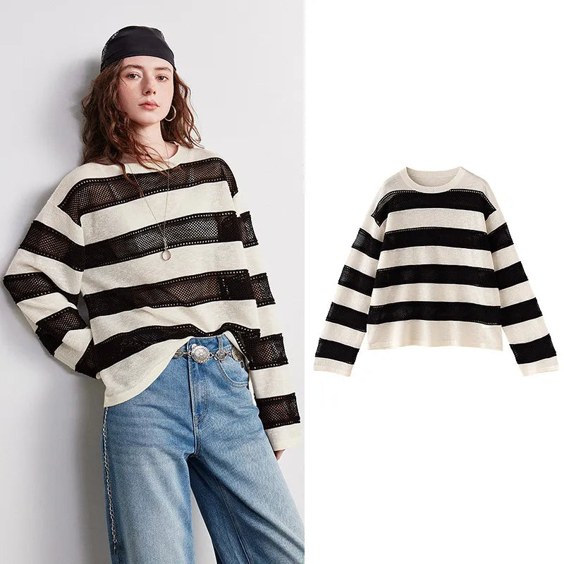 Blusa Feminina de Linho Listrada Manga Longa