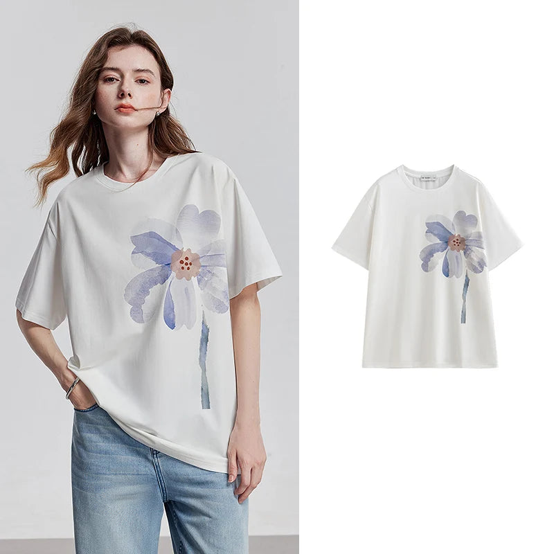 Camiseta Feminina de Liocel e Algodão com Estampa Lírio