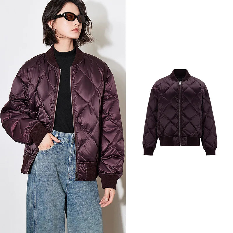 Jaqueta Bomber Feminina com Plumas e Estilo Motociclista Dark Purple