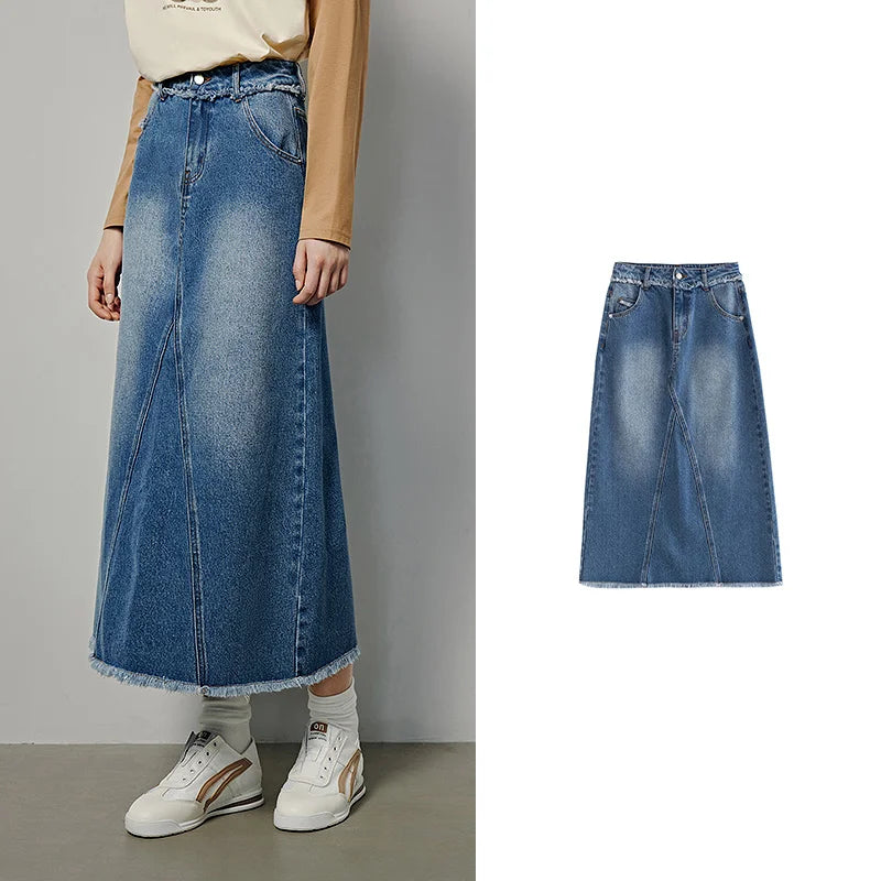 Saia Jeans Midi Feminina com Bolsos Evasê de Algodão