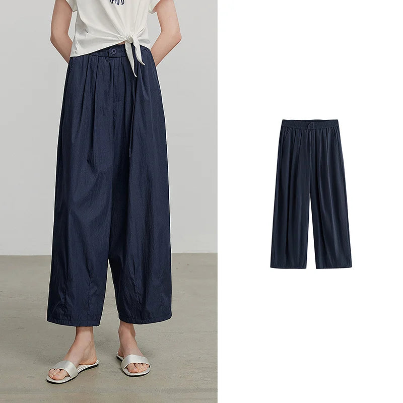 Calça Wide Leg Feminina Texturizada com Pregas