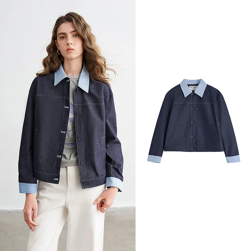Jaqueta Feminina Efeito Jeans Patchwork Duas Peças Dark Blue
