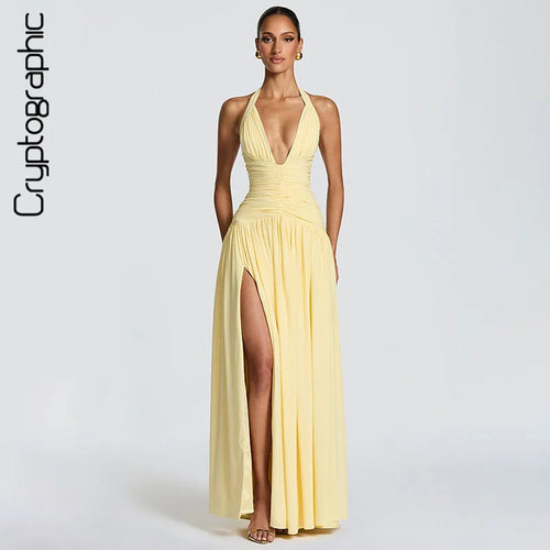 Vestido Longo Feminino Frente Única com Fenda Alta