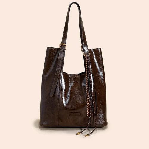 Bolsa Feminina de Couro Legítimo Grande Formato Bucket Vintage para Ombro