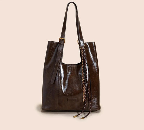 Bolsa Feminina de Couro Legítimo Grande Formato Bucket Vintage para Ombro