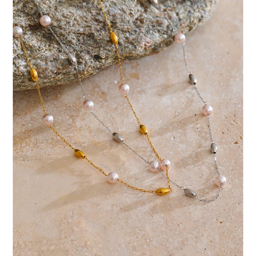 Yhpup Fashion Stainless Steel Simulated Pearls Bead Chain Necklace Tarnish Resistant 18K Golden Plated Collar Chic Neck Jewelry