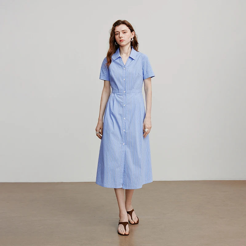 Vestido Chemise Midi Listrado Azul e Branco