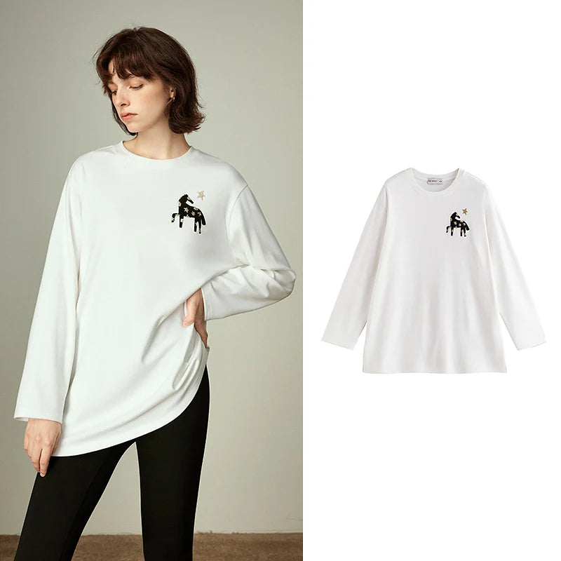 Blusa Feminina Manga Longa com Bordado Cavalo