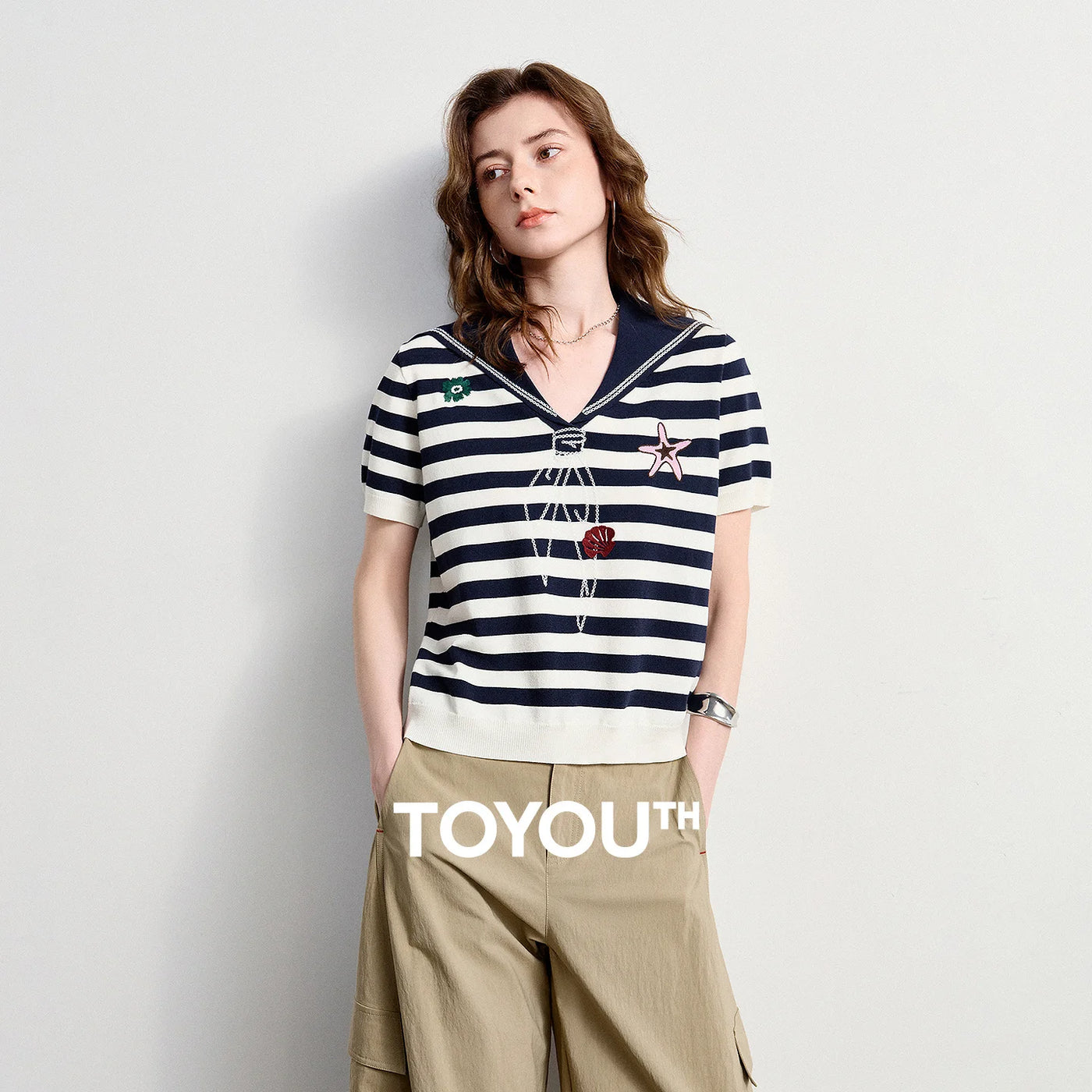 Blusa Feminina de Tricô Ice Silk Listrada Estilo Náutico