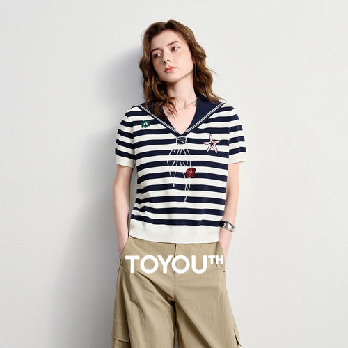 Blusa Feminina de Tricô Ice Silk Listrada Estilo Náutico