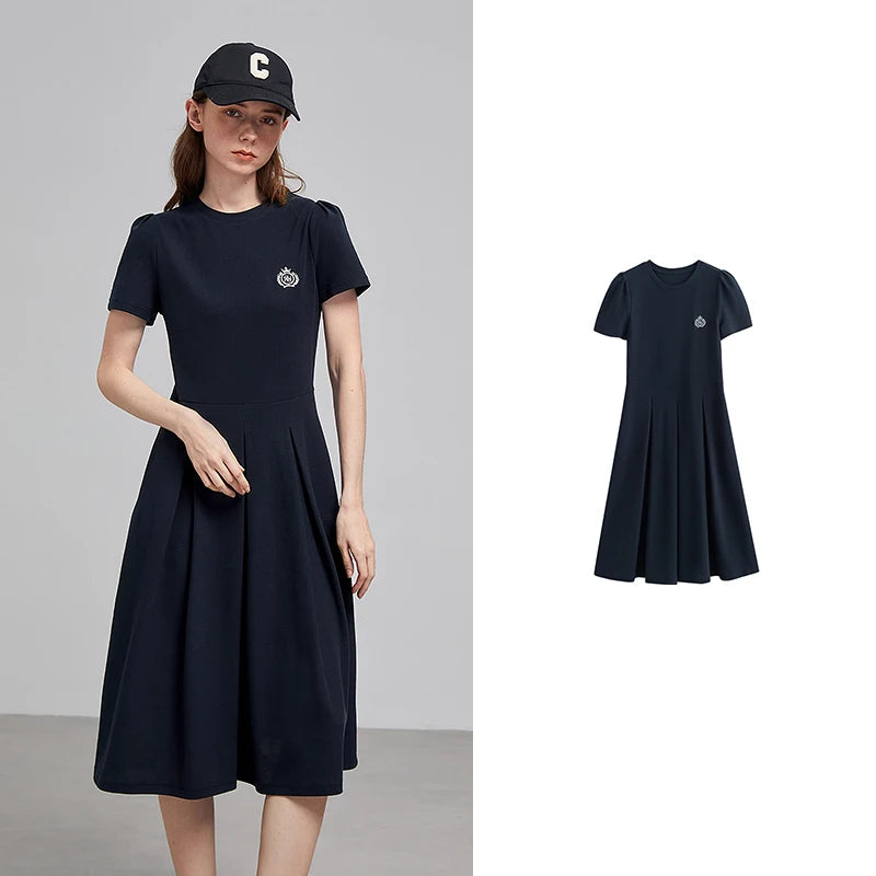 Vestido Midi de Algodão com Bordado e Manga Curta Navy Bule