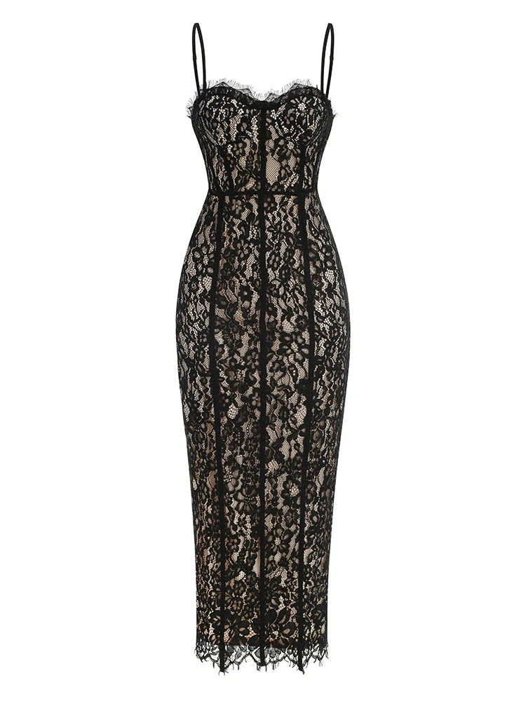 Sexy Spaghetti Strap V Neck Lace Long Dress Women Black Floral Lace Sleeveless Bodycon Dresses Elegant Evening Celebrity Party Black
