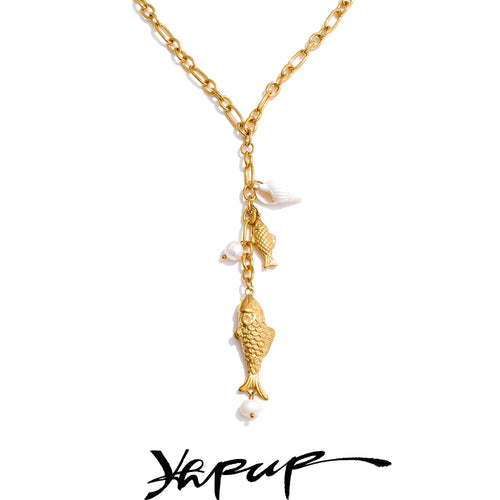 Yhpup Natural Pearls Shell Fish Pendant Chain Necklace 18K Golden PVD Plated Fashion Stainless Steel Charm Waterproof Jewelry
