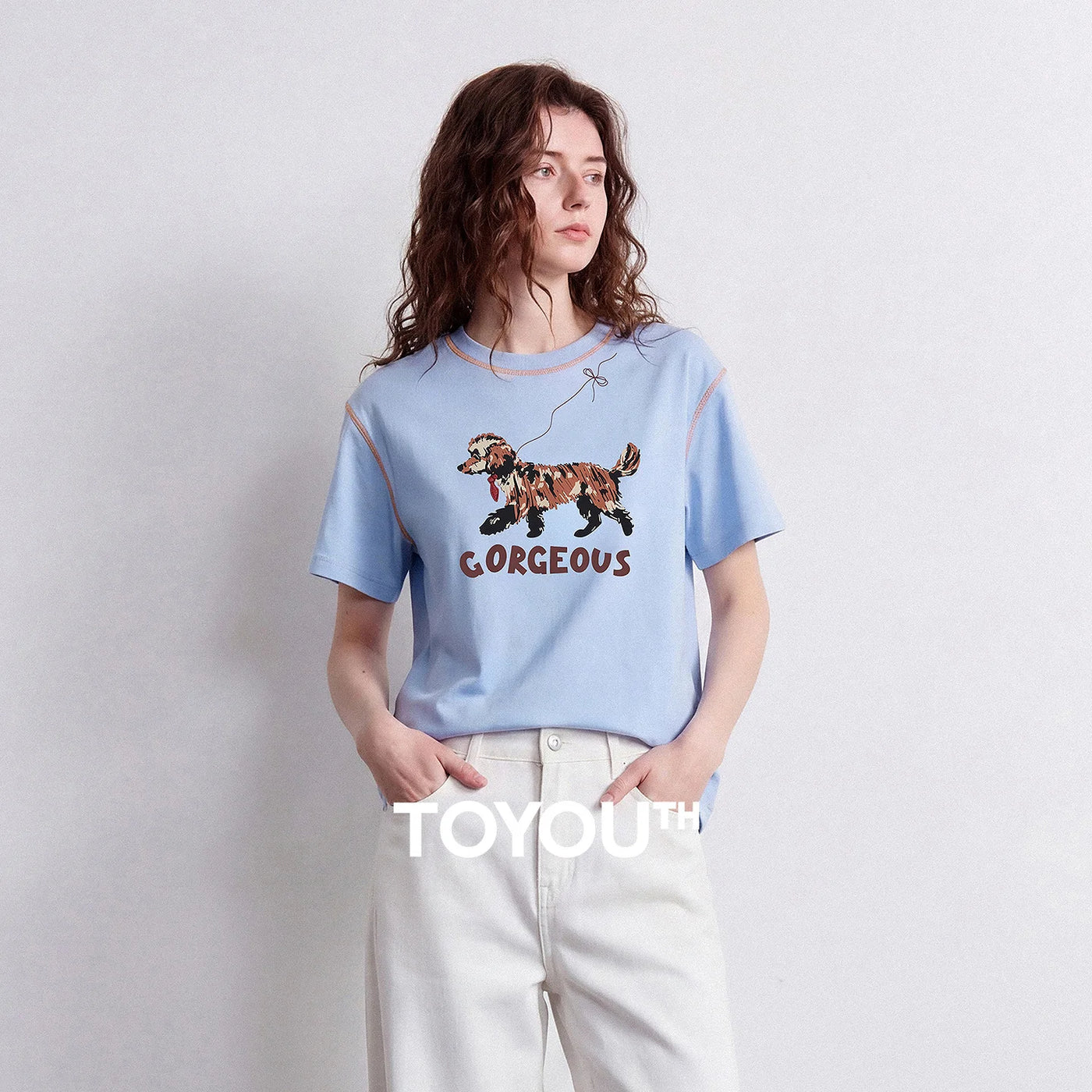 Camiseta Feminina de Algodão Color Block com Estampa Cachorro