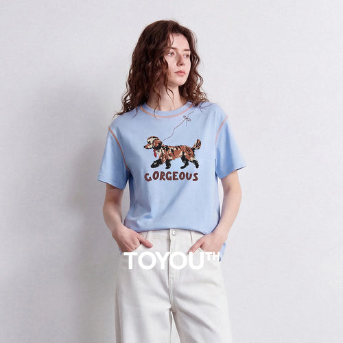 Camiseta Feminina de Algodão Color Block com Estampa Cachorro