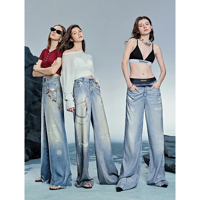 Calça Jeans Feminina Wide Leg Estampada em Liocel