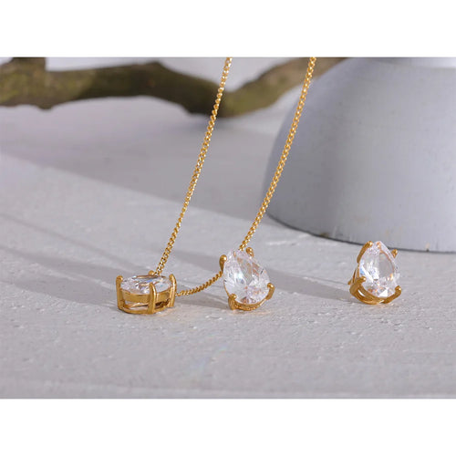 Yhpup Delicate Shiny Cubic Zirconia Stainless Steel Water Drop Pendant Necklace Stud Earrings Waterproof Jewelry Chic Party Gift