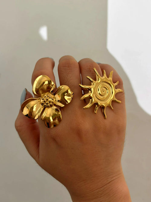 Anel Aberto Coração, Flor, Sol e Lua com Banho Ouro 18K