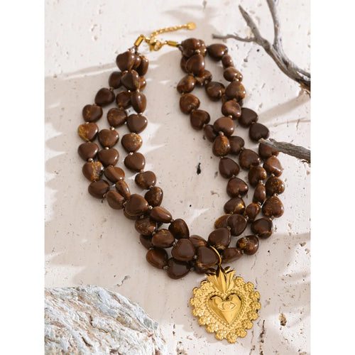 Yhpup New Autumn Winter Layered Acrylic Beads Handmade Chain Heart Pendant Necklace Fashion Stainless Steel Statement Jewelry