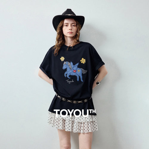 Camiseta Feminina de Algodão com Bordado Pônei Jeans